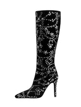 Load image into Gallery viewer, Black High Heel Pointed Toes Luxury Flower Bling Rhinestone Boots Shoes