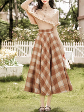 Load image into Gallery viewer, 3PS Brown Knitted Sweater Top Cape With Plaid Skirt Vintage 1950s Suits
