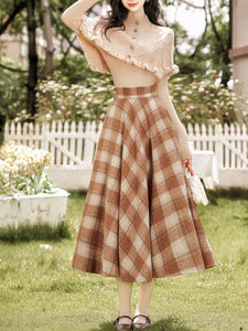 3PS Brown Knitted Sweater Top Cape With Plaid Skirt Vintage 1950s Suits