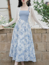 Load image into Gallery viewer, 2PS Blue Rose Spaghetti Strap 1950S Vintage Dress With Long Sleeve Ruffles Cardigan