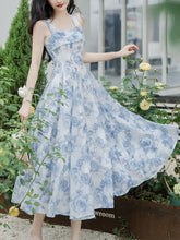 Load image into Gallery viewer, 2PS Blue Rose Spaghetti Strap 1950S Vintage Dress With Long Sleeve Cardigan