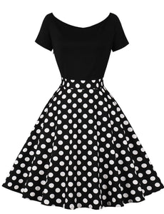 Off Shoulder Polka Dots 1950S Vintage Swing Dress With Button