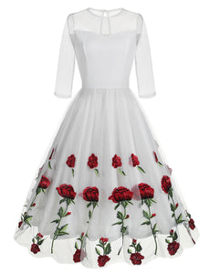 Solid Color Rose Embroidered Crew Neck 1950S Vintage Swing Dress