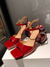 Load image into Gallery viewer, Women&#39;s  Square Toe Bow Chunky Heel Sandals Leather Vintage Shoes