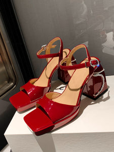 Women's  Square Toe Bow Chunky Heel Sandals Leather Vintage Shoes