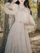 Load image into Gallery viewer, Apricot Lace Fur Sleeve 1950S Vintage Dress With Pearl Belt