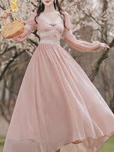 Load image into Gallery viewer, Pink Rose Girl Retro Lace V-neck Chiffon Long Lantern Sleeve Coquette Dress