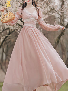 Pink Rose Girl Retro Lace V-neck Chiffon Long Lantern Sleeve Coquette Dress