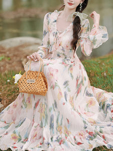 1950S White Ruffles V Neck Floral Print Swing Dress For Women