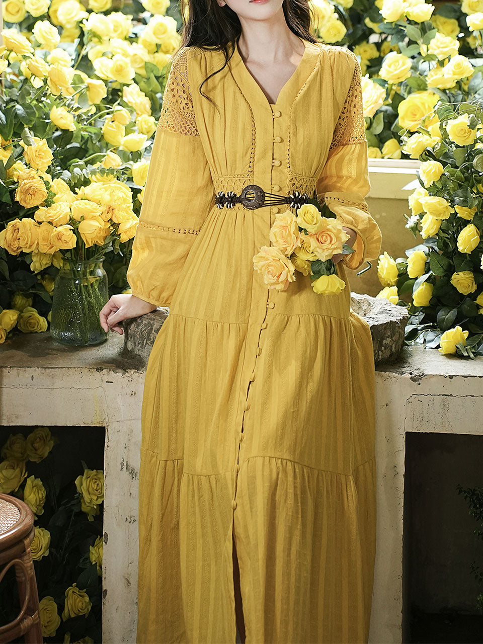 Yellow V-Neck Boho Embroidered Bohemian Dress, Yellow / Xs