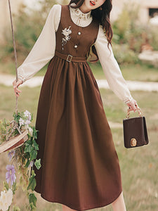 2PS Embroidered Stand Collar Vintage Fall Shirt Set Dress