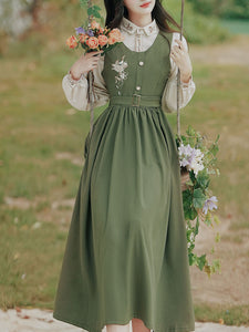 2PS Embroidered Stand Collar Vintage Fall Shirt Set Dress