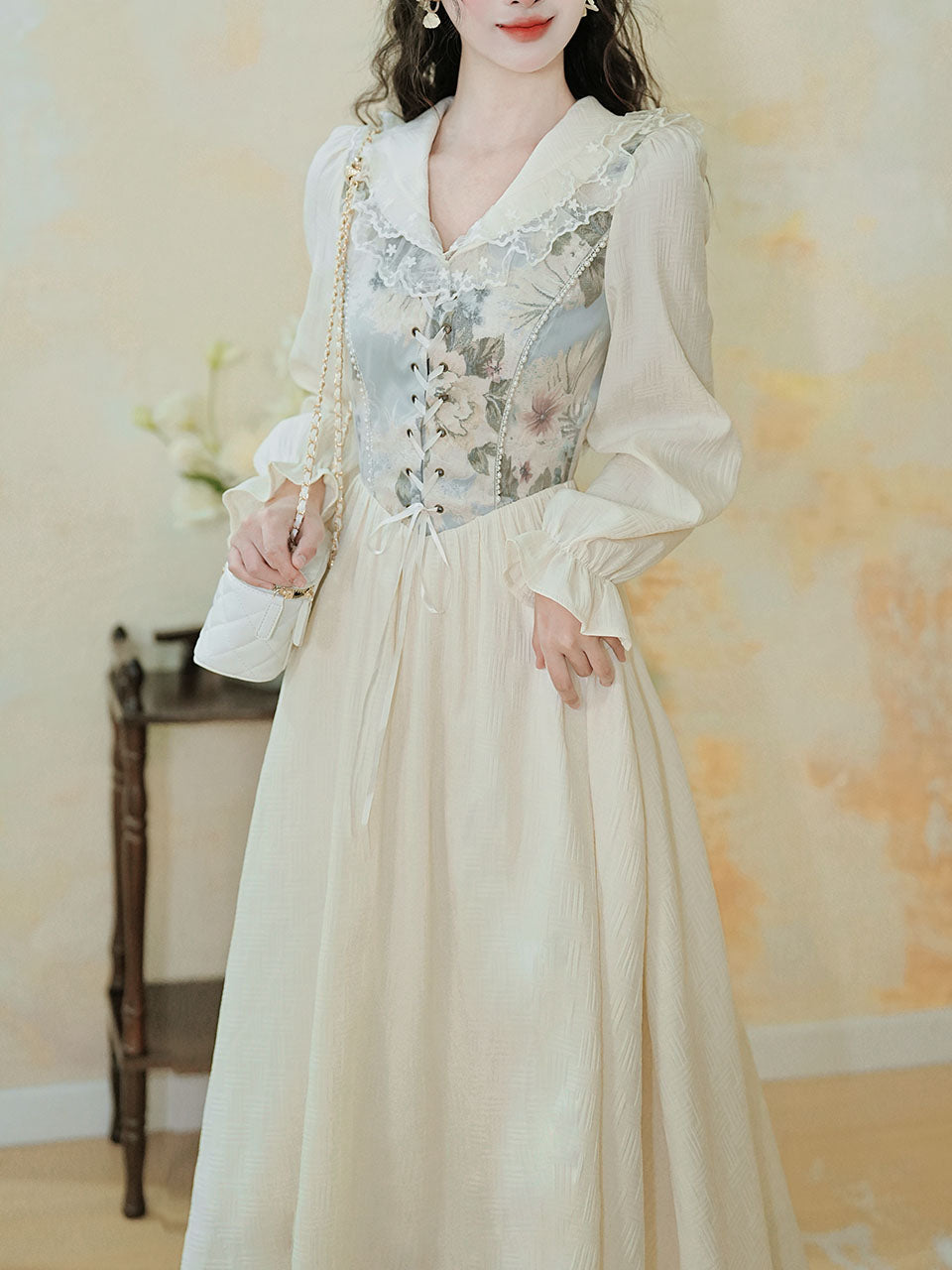 White V Neck Printed Long Sleeve Corset Vintage Dress Jolly Vintage White V Neck Printed Long Sleeve Corset Vintage Dress Jolly Vintage