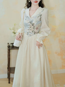 White V Neck Printed Long Sleeve Corset Vintage Dress