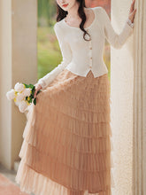 Load image into Gallery viewer, 2PS White V Neck Knitted Sweater and Swing Mesh Fairy Skirt Dress Set