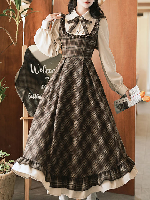 Brown Plaid Fake Two-Piece Long Sleeve Vintage Dress