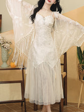 Load image into Gallery viewer, White Jacquard Acetate Spaghetti Strap with Tulle Wedding Maxi Dress and Butterfly Cardigan