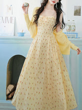 Load image into Gallery viewer, 2PS Yellow Floral Spaghetti Strap 1950S Vintage Dress With Long Sleeve Ruffles Cardigan