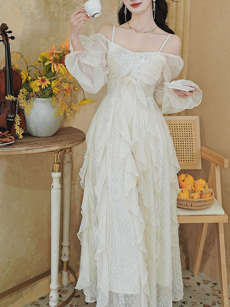 fitted lace wedding dress Vintage White Square Neck Butterfly Sequins Lace Ruffle Long Sleeve Dress White / Xs fitted lace wedding dress Vintage White Square Neck Butterfly Sequins Lace Ruffle Long Sleeve Dress White / Xs