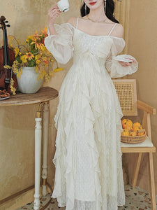Vintage White Square Neck Butterfly Sequins  Lace Ruffle Long Sleeve Dress