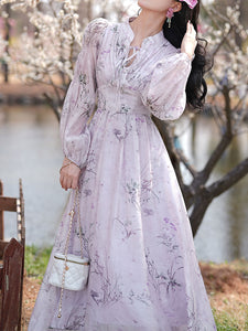 Purple Stand Collar Puff Long Sleeve Vintage Dress
