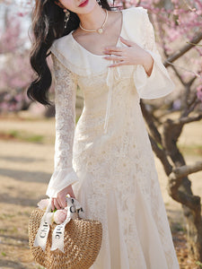 White V Neck Lace Flowers Long Sleeve Fishtail Wedding Vintage Dress