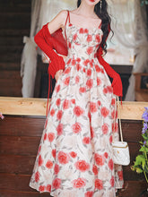 Load image into Gallery viewer, 2PS Red Rose Spaghetti Strap 1950S Vintage Dress With Long Sleeve Ruffles Cardigan
