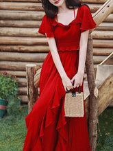 Load image into Gallery viewer, 2PS Red Rose Ruffles Spaghetti Strap Top and High Waist Swing Dress Set
