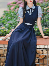 Load image into Gallery viewer, Vintage Navy Two-Piece Fake Layered Shirt Dress