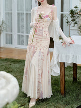 Load image into Gallery viewer, Pink Floral Print Spaghetti Strap Fishtail Flared Vintage Maxi Dress