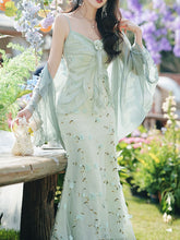 Load image into Gallery viewer, 2PS Green Floral Printed Spaghetti Strap Vintage Dress With Cardigan Suit