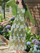 Load image into Gallery viewer, 2PS Green Floral Lace Dress with Green Knit Mesh Cardigan
