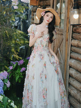 Load image into Gallery viewer, Printed Tulle Puff Sleeve Ruffled Hem Princess Party Dress for Girls Women