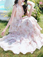 Load image into Gallery viewer, Pink Floral Print Halter Neck Backless Vintage Dress