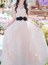 Load image into Gallery viewer, Pink Flowy Ruffle V-Neck Dress with Black Bow Belt