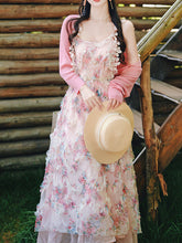 Load image into Gallery viewer, 2PS Pink Ruffles Floral Printed Spaghetti Strap Vintage Dress With Cardigan Suit