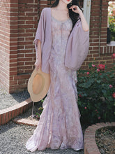 Load image into Gallery viewer, 2PS Purple Ruffles Floral Printed Spaghetti Strap Vintage Dress With Cardigan Suit
