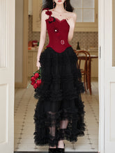 Load image into Gallery viewer, Gothic Red Corset Tiered Tulle Maxi Dress  Rose Asymmetric Ruffle Dark Romantic Party Gown