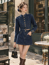 Load image into Gallery viewer, Vintage Military Style Denim Crop Jacket &amp; Mini Skirt Two-Piece Set