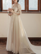 Load image into Gallery viewer, Apricot Lace Lantern Sleeves Romantic Wedding Dress with Tail Inspired By Sleeping Beauty