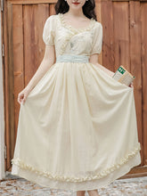 Load image into Gallery viewer, Apricot V Neck Floral Ruffles Princess Puff Sleeve Vintage Dress