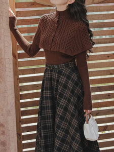 3PS Brown Bow Knitted Sweater Top Cape With Plaid Skirt Vintage 1950s Suits