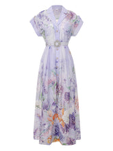 Load image into Gallery viewer, Women's Short Dolman Sleeve Purple Floral Print Midi Dress with Lapel Collar