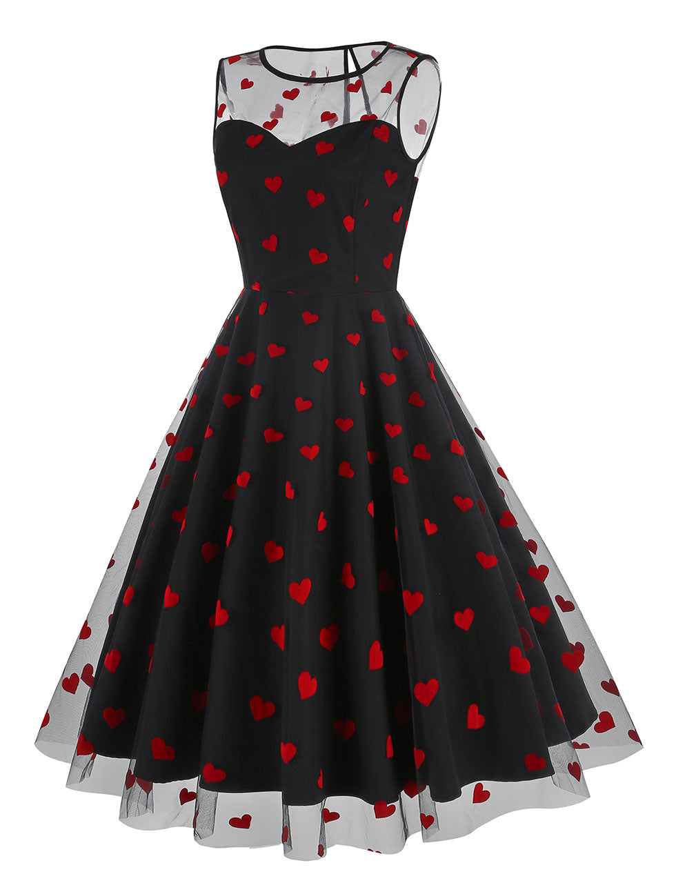 Black Semi Mesh Sweet Heart Embroidered Sleeveless 50s Swing Dress, Apricot / XL Black Semi Mesh Sweet Heart Embroidered Sleeveless 50s Swing Dress, Apricot / XL