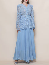 Load image into Gallery viewer, Baby Blue V Neck Long-Sleeve Lace Blouse with Flowy Chiffon Skirt Set