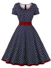 Load image into Gallery viewer, White Polka Dots  Square Collar Puff Sleeve 1950S Vintage Swing Dress