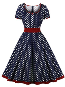 White Polka Dots  Square Collar Puff Sleeve 1950S Vintage Swing Dress