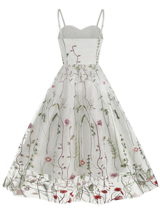 Wine Red Semi Mesh Flower Embroidered Spaghetti Strap Sleeveless 50S Swing Dress