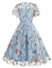 Load image into Gallery viewer, Lake Blue Semi Mesh Rose Embroidered Short Sleeve 50S Swing Dress