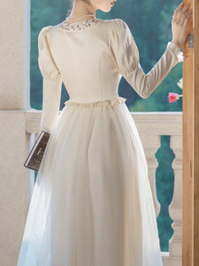 White Square Neck Lavender Embroidered Princess Sleeve Corset Vintage Dress